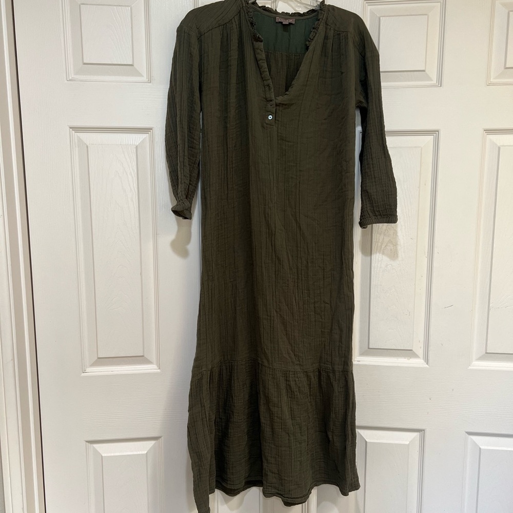 Lilla P Olive Green cotton long sleeves midi modest sundress dress lagenlook XS